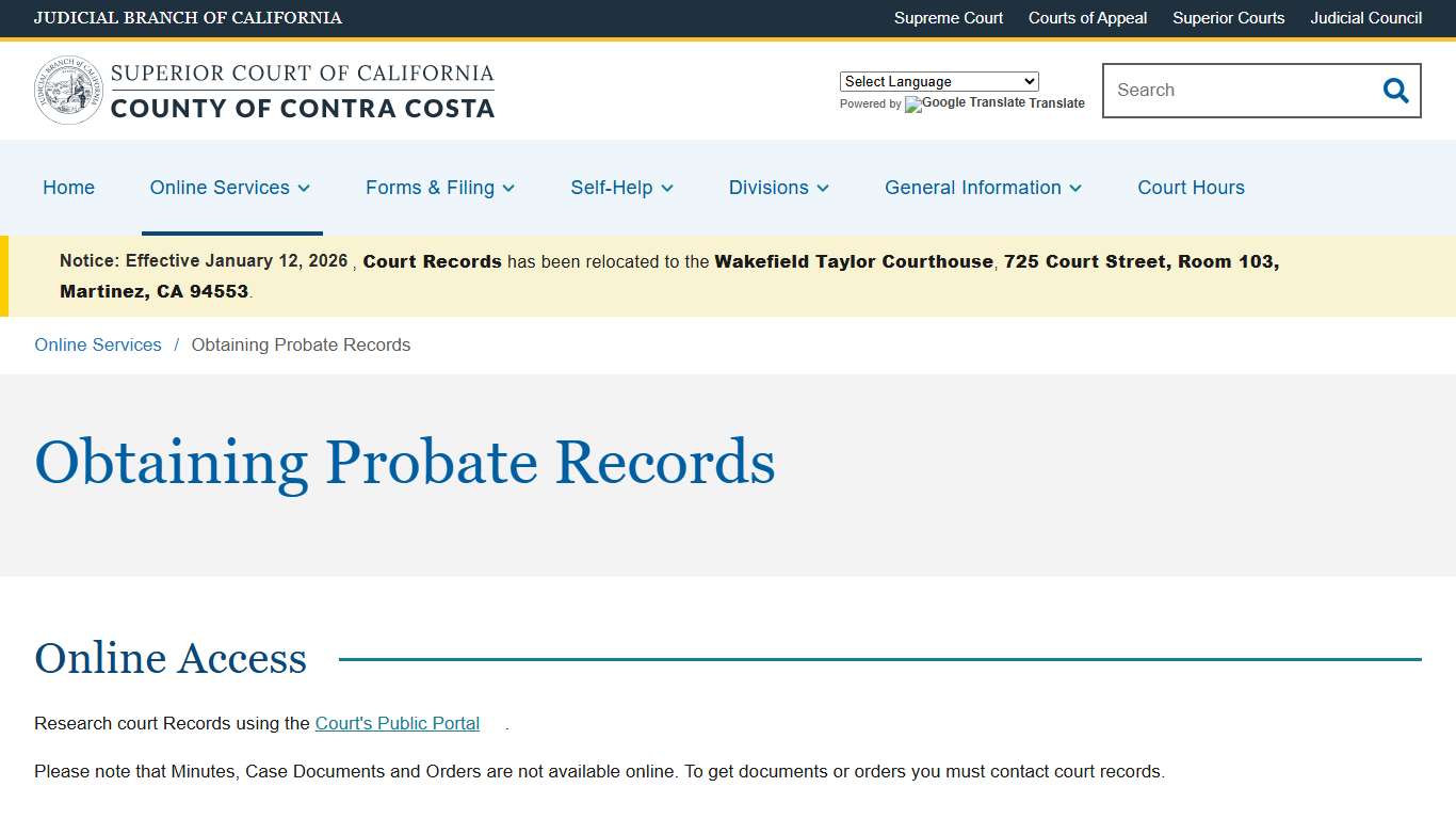 Obtaining Probate Records Superior Court of California County of Contra Costa