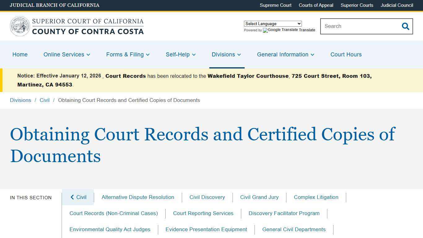 Obtaining Court Records and Certified Copies of Documents Superior Court of California County of Contra Costa